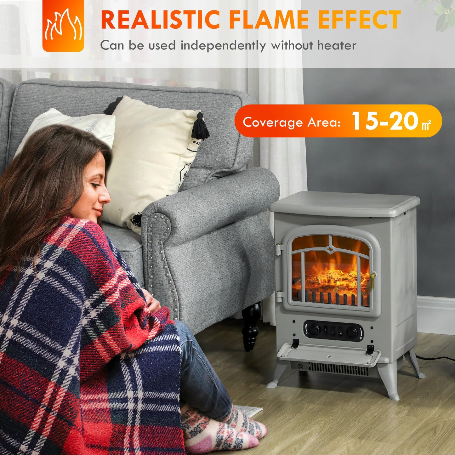 HOMCOM 22" Electric Fireplace Heater, Freestanding Fire Place Stove with Realistic LED Flames and Logs, and Overheating Protection, 750W/1500W, Gray