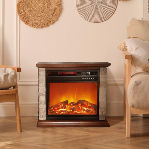Lifesmart 3-Quartz 5,118 BTU Infrared Faux Stone Fireplace with Log Insert and Realistic Flame, Fireplace Heater with Remote Control for Bedroom, Living Room