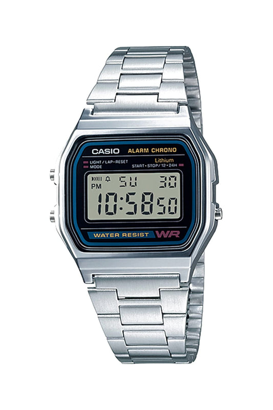 Casio A158WA Series | Unisex Digital Watch | Silver/Black | Vintage | WR | 100 SEC Stop Watch | Daily Alarm | Regular Time Keeping: Hour, Minute, Second, PM, Date, Day | Led Light | 7 Yr Battery