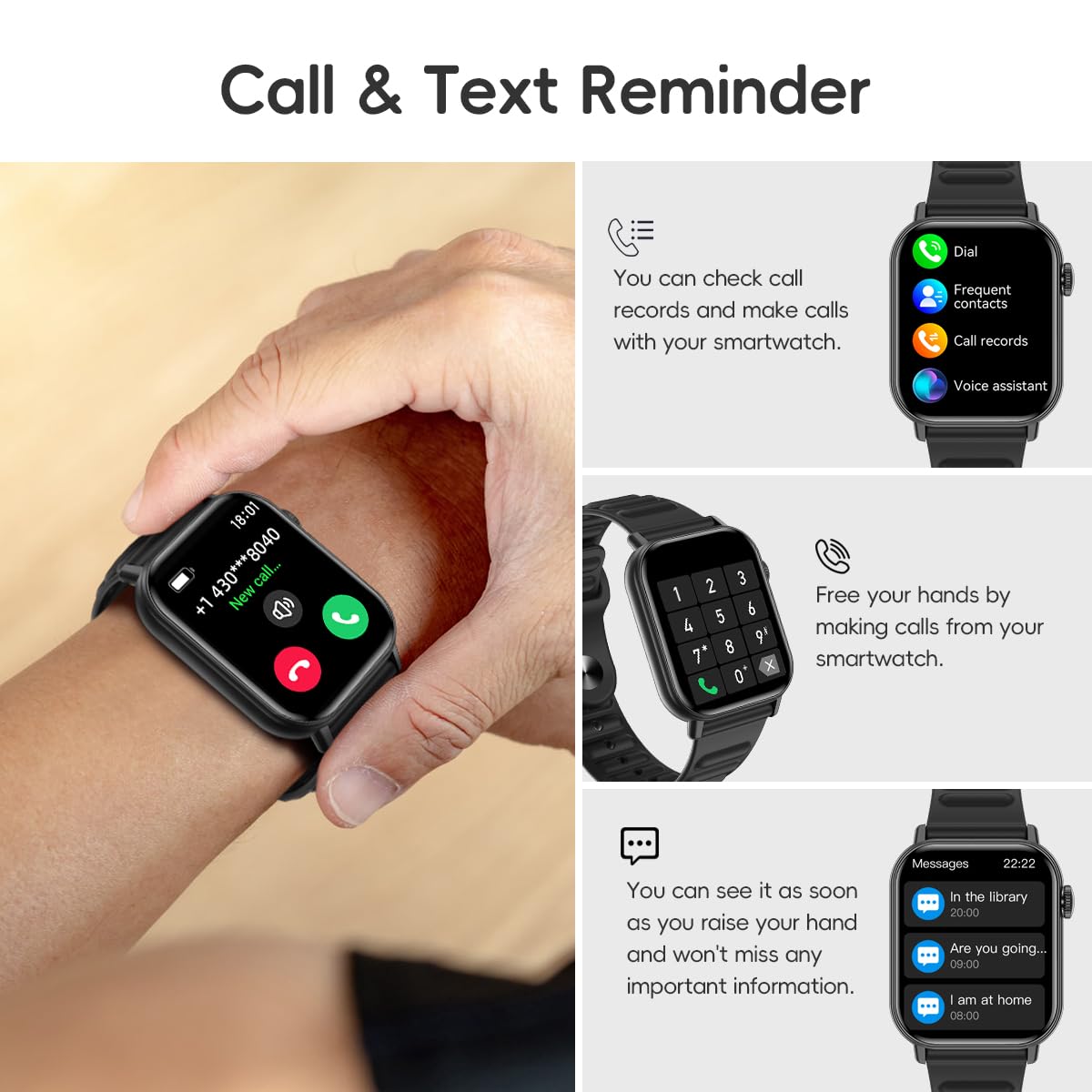 QTLLBT Smart Watch Sports Pedometer Fitness Tracker, Bluetooth Call Heart Rate/Blood Oxygen/Sleep Monitor, 100 Sports Modes Waterproof for iOS Android Men's Women's Smart Watch (Black)