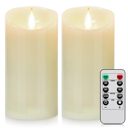 Biyanuo Flameless Battery Operated LED Candles 3D Wick with10key Button Remote Control 24-Hour Timer Set of 2 Electric Flickering Pillar Real Wax，Wedding, Party, Home Decoration