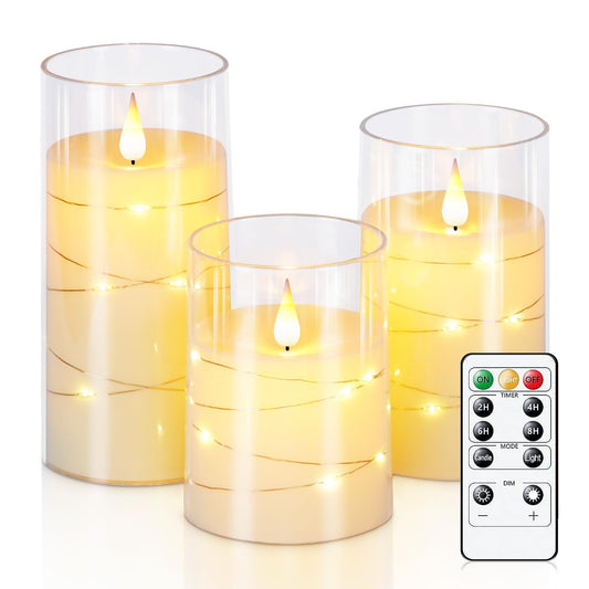 Homemory Flickering Flameless Candles with String Lights, Battery Operated, Embedded LED, Unbreakable Plexiglass with Remote, Set of 3, Ivory White