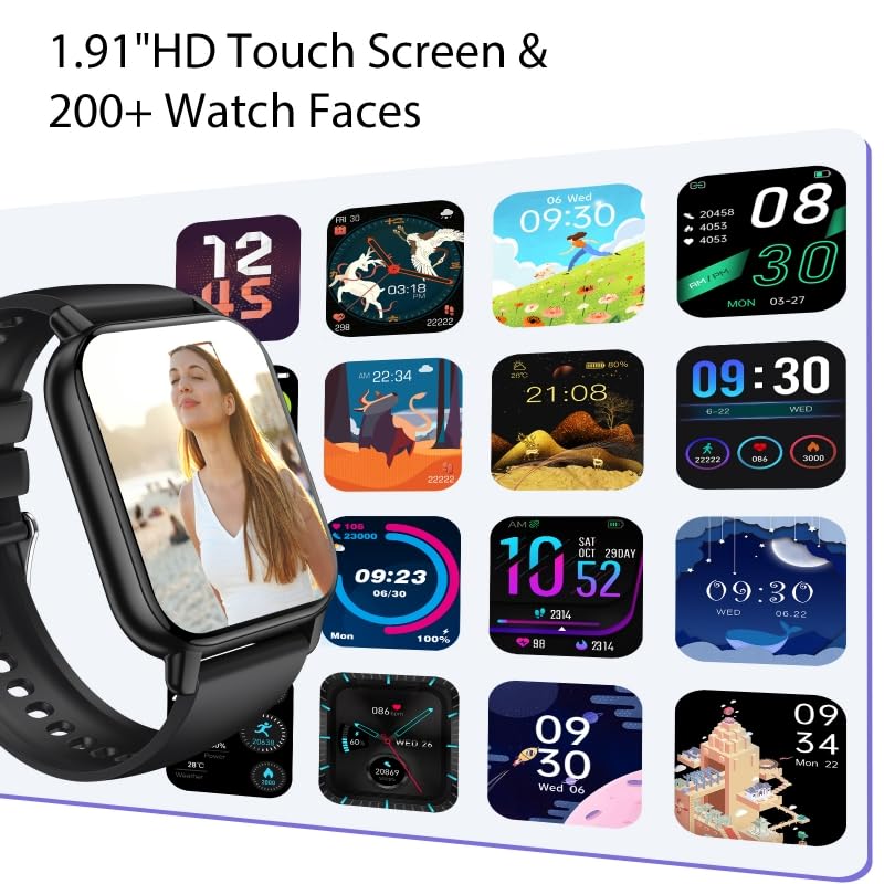 Smart Watch for Men Women, 1.91" HD Screen Fitness Tracker with Bluetooth Calling and Smart Notifications, 112+ Sports Modes Fitness Watch, Fast Charging Smartwatch Suitable for Travel, Sports, Work.