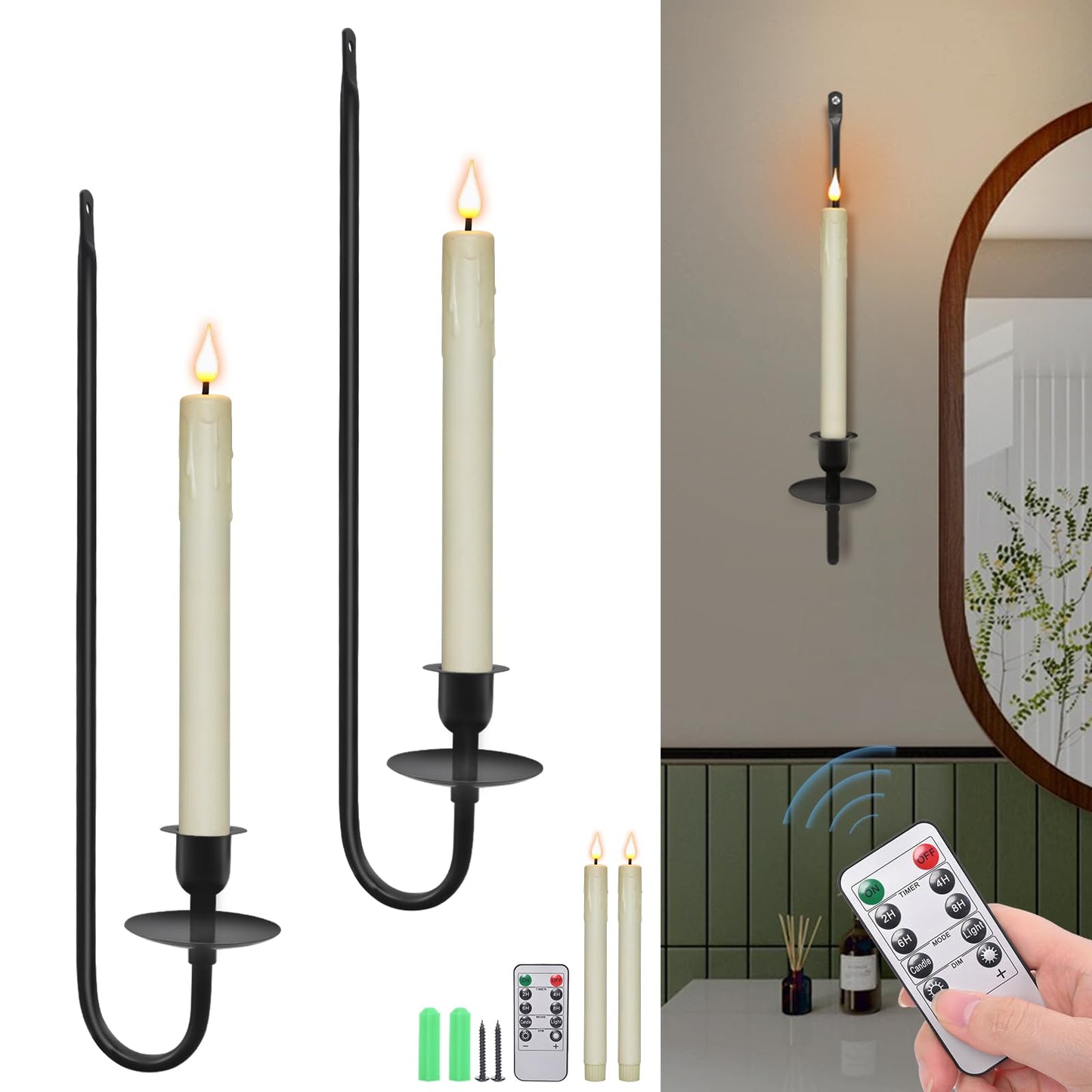 Wall Candle Holder Set of 2 with Flameless Candles Battery Operated and Remote Control, Home Decor Wall Sconces Holder Candle Sticks for Living Room Fireplace Painting (Black)