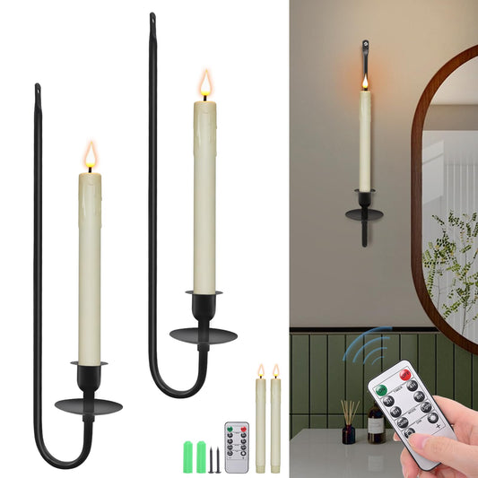 Wall Candle Holder Set of 2 with Flameless Candles Battery Operated and Remote Control, Home Decor Wall Sconces Holder Candle Sticks for Living Room Fireplace Painting (Black)