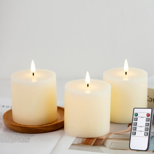 Jolnyus 3x3 inch Ivory Flameless Candles Set of 3 Flickering LED Candles Battery Operated with Remote Control Timers for Concert Fireplace Livingroom Party Dimmable Pillar Candles Flat top