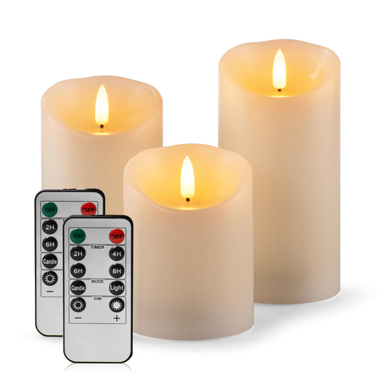 AKU TONPA Flameless Candles Battery Operated Pillar Real Wax Electric LED Flashing Candle Sets with Remote Control Cycling 24 Hours Timer, 4" 5" 6" Pack of 3 (Ivory)