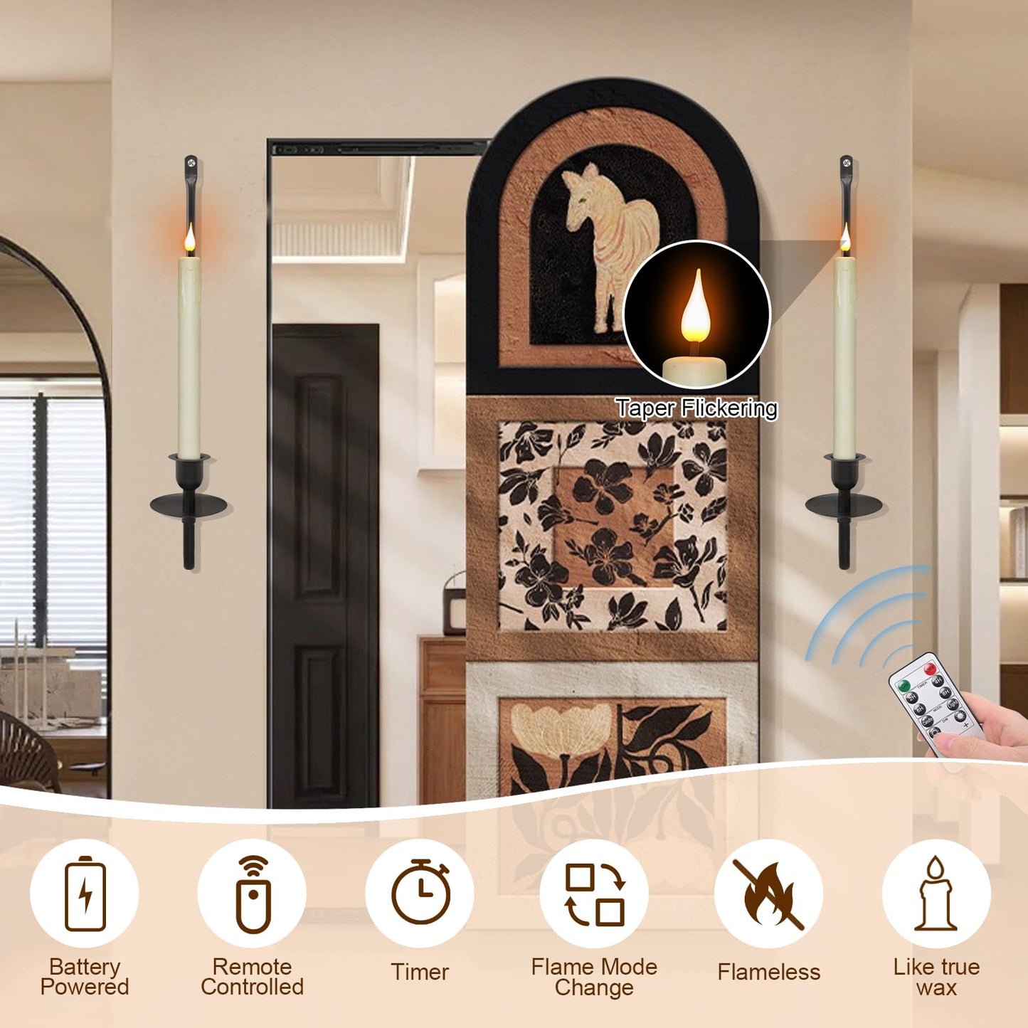 Wall Candle Holder Set of 2 with Flameless Candles Battery Operated and Remote Control, Home Decor Wall Sconces Holder Candle Sticks for Living Room Fireplace Painting (Black)