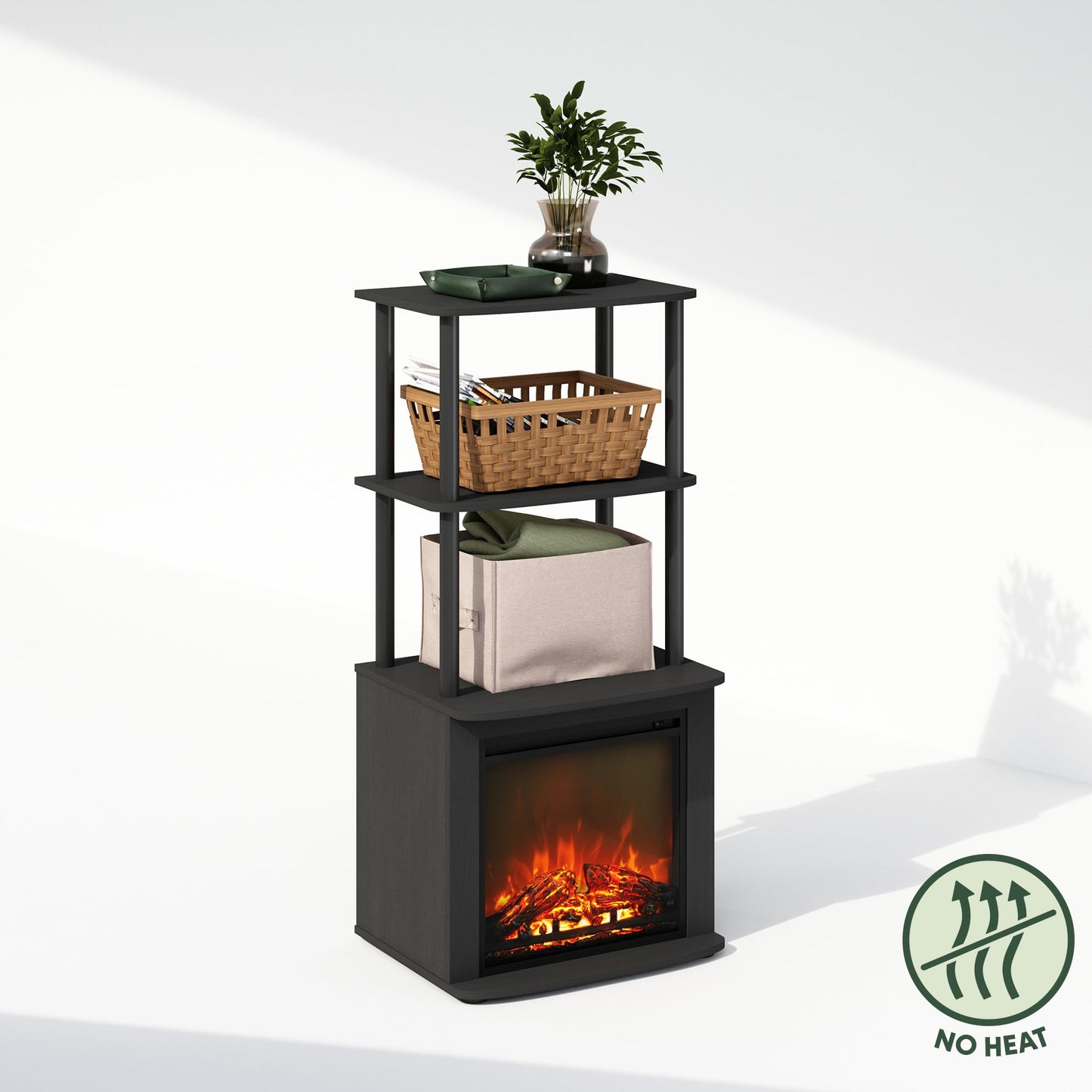 Furinno Turn-N-Tube 2-Tier Tall Side Table Display Rack with No Heat Decorative Electric Fireplace Insert, Americano/Black