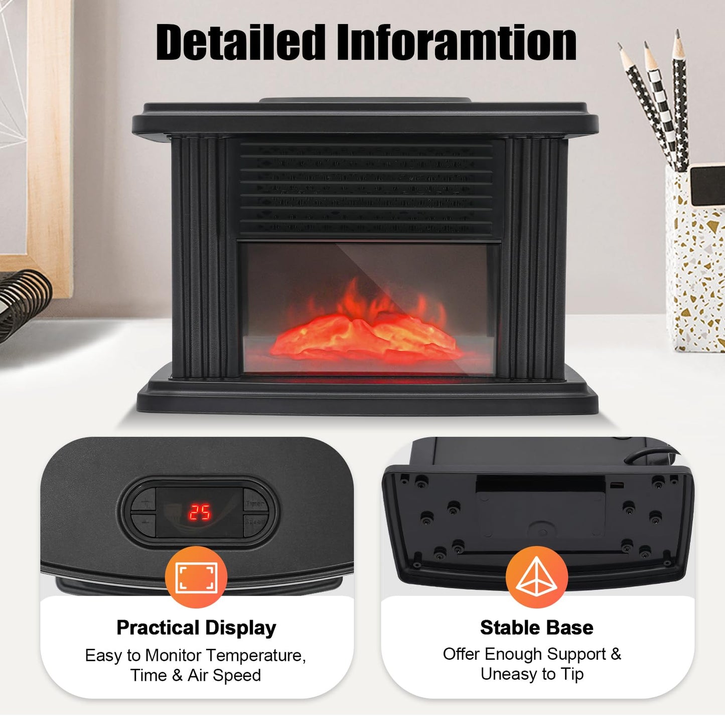 1000W Electric Fireplace, Freestanding Fireplace Stove with 3D Carbon Flame Effect Small Air Heater, Adjust Temperature 59-89.6°F, Overheating Safety Protection