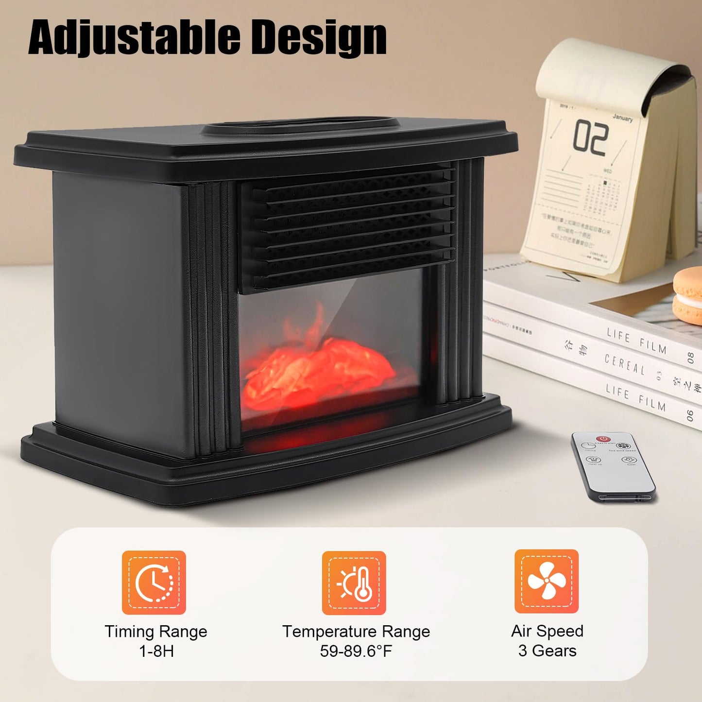 1000W Electric Fireplace, Freestanding Fireplace Stove with 3D Carbon Flame Effect Small Air Heater, Adjust Temperature 59-89.6°F, Overheating Safety Protection
