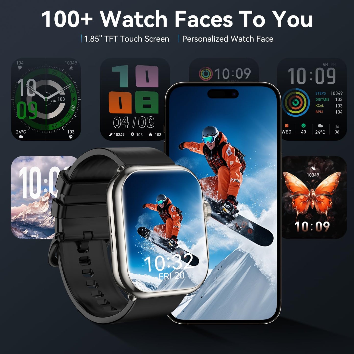 Smart Watch for Men Women, 1000 mAh 100 Day Battery Life, 1.85" Fitness Tracker Bluetooth Call/Make Calls, 110+ Sport Modes, IP68 Waterproof, Heart Rate, 24/7 Sleep Monitor Fitness Watch, iOS/Android