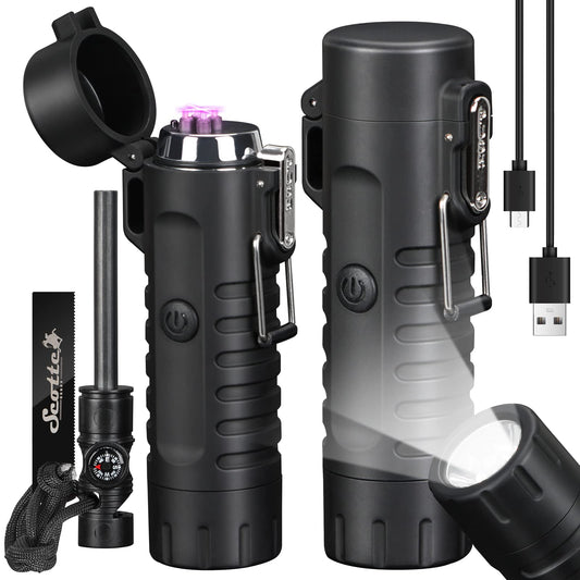 Scotte Plasma Windproof Arc Lighter Electric Lighter and LED Flashlight - 2 in 1 (Black)/5 in 1 Magnesium Fire Starter for Emergency Survival, Candle, Camping, Hiking, All Weather Magnesium Ferro Rod