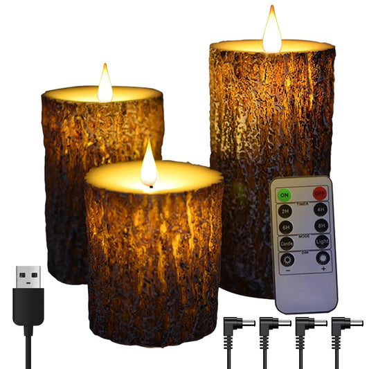 NICEME Rechargeable LED Pine Bark Flameless Candles with Timer Remote USB Cable, Brown Real Wax USB Candles Flickering Fireplace Cabin Decor Electric Fake Battery Pillar Bark Candles, D 3”×H 4”5”6”