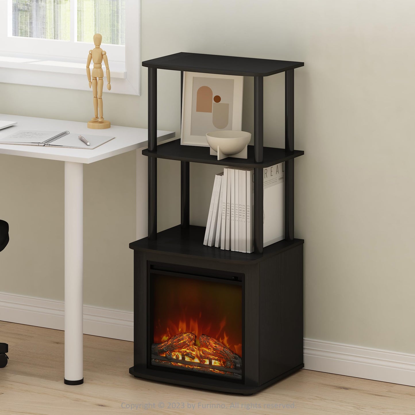 Furinno Turn-N-Tube 2-Tier Tall Side Table Display Rack with No Heat Decorative Electric Fireplace Insert, Americano/Black