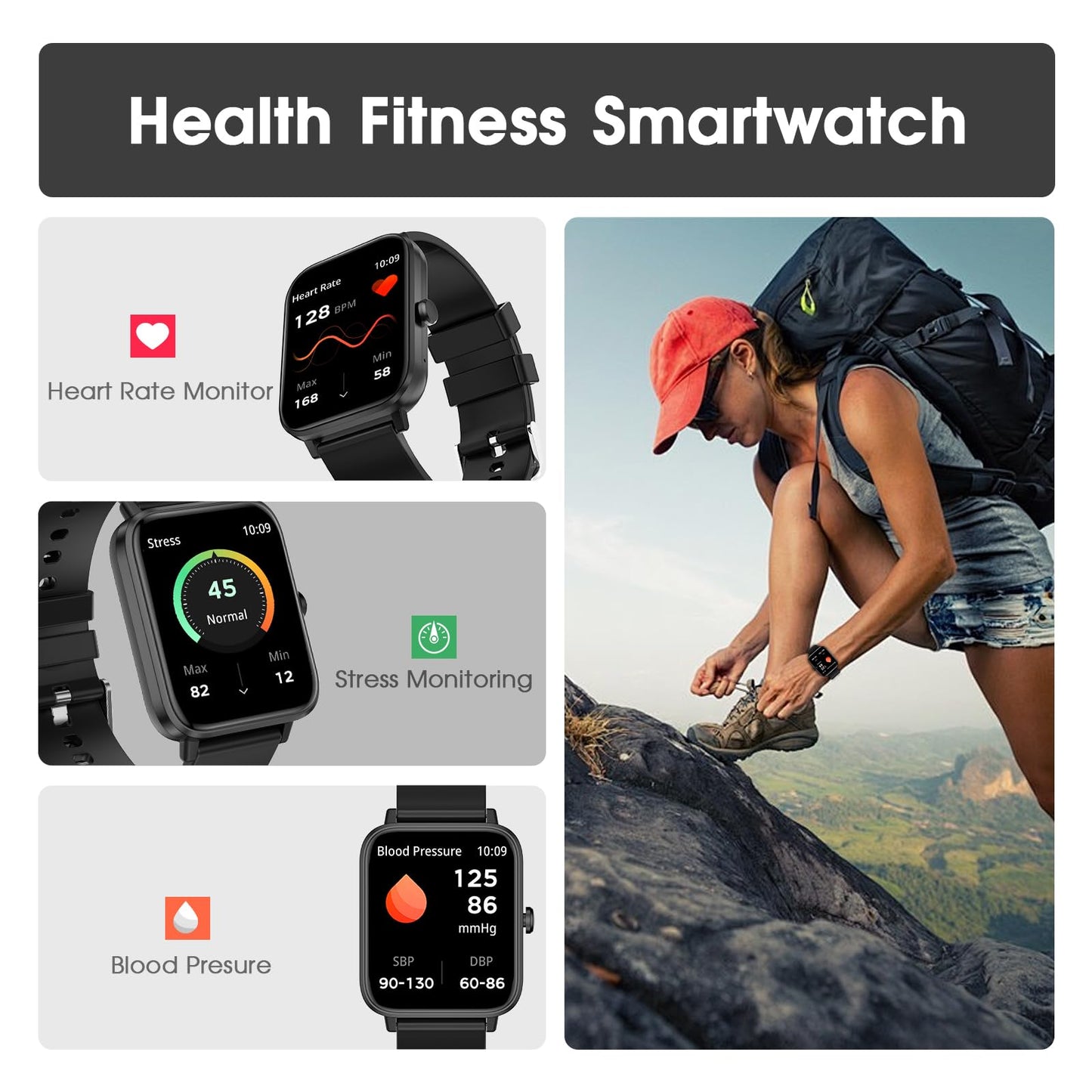 FTTMWTAG Smart Watch (Answer/Make Call): 1.85" Waterproof Fitness Trackers with 24-Hours Blood Pressure Heart Rate SpO2 Sleep Monitor Watches for Men Women, iPhone Android Compatible (Stone Black)