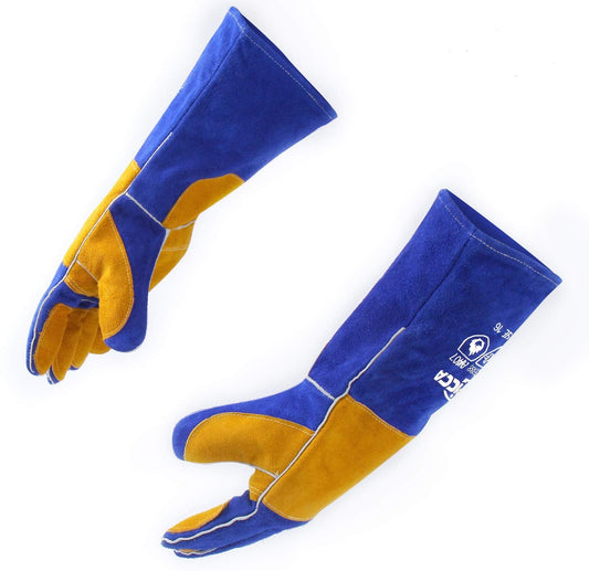 Welding Gloves Fire Heat Resistant: Blue 16IN 932℉ - Fireproof Leather For Stick Mig Flux-Core Welder Forge Blacksmith Fireplace Wood Stove Fire Pit Grill Oven Furnace Handling Dry Ice - Birthday Gift