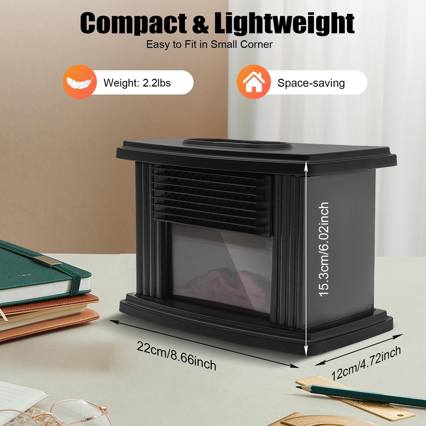1000W Electric Fireplace, Freestanding Fireplace Stove with 3D Carbon Flame Effect Small Air Heater, Adjust Temperature 59-89.6°F, Overheating Safety Protection
