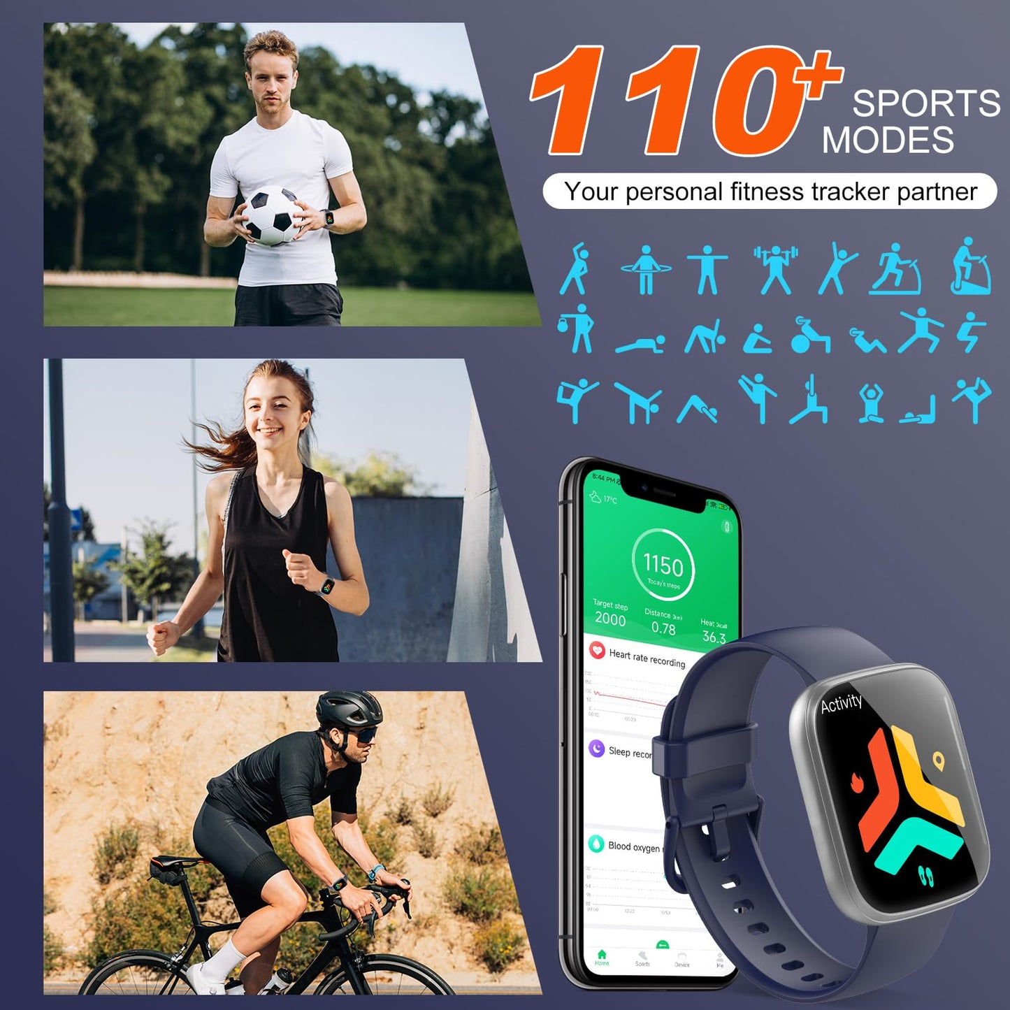 Smart Watch for Men Women(Answer/Make Calls), 1.95" HD Touch Screen Fitness Watch with Sleep Heart Rate Monitor, 110+ Sports Modes, IP68 Waterproof Activity Trackers Compatible with Android iOS, Blue