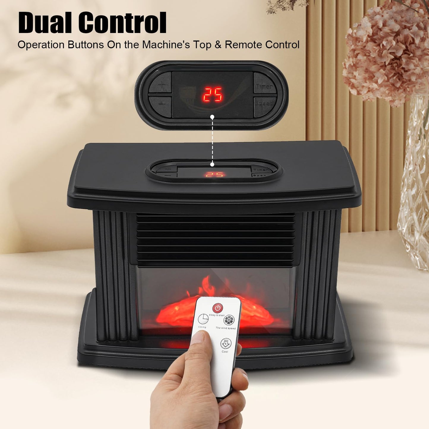 1000W Electric Fireplace, Freestanding Fireplace Stove with 3D Carbon Flame Effect Small Air Heater, Adjust Temperature 59-89.6°F, Overheating Safety Protection