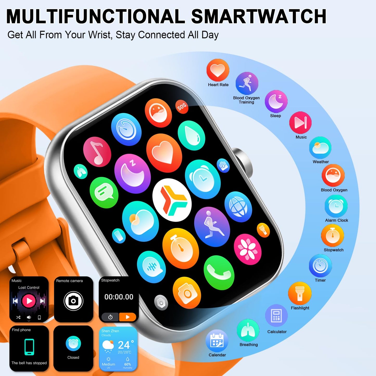 Smart Watch (Answer/Make Calls), 1.96"HD Smartwatch for Men Women 113+ Sport, 2025 Fitness Activity Tracker with Heart Rate Monitor, Sleep Trackers, Pedometer, IP68 Waterproof for Android iOS Orange