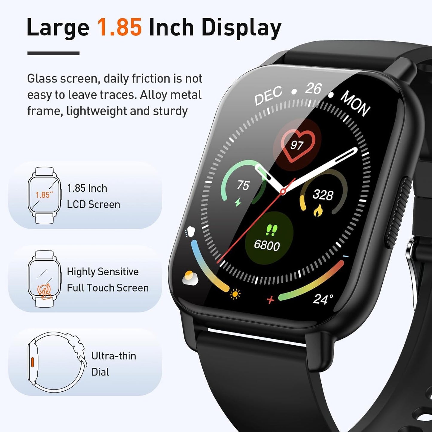 2025 Smart Watch for Men Women, 1.85" HD Touchscreen Fitness Tracker with Bluetooth Calling, Fitness Watch with 110+ Sports Modes/Heart Rate/Sleep Monitor, IP68 Waterproof Smartwatch for Android iOS