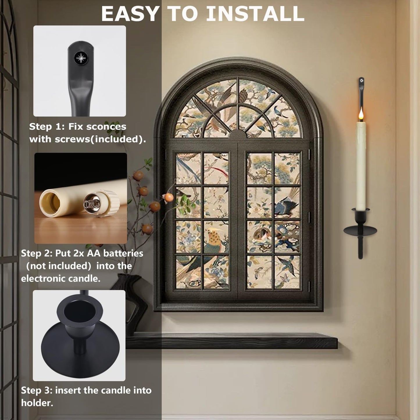 Wall Candle Holder Set of 2 with Flameless Candles Battery Operated and Remote Control, Home Decor Wall Sconces Holder Candle Sticks for Living Room Fireplace Painting (Black)