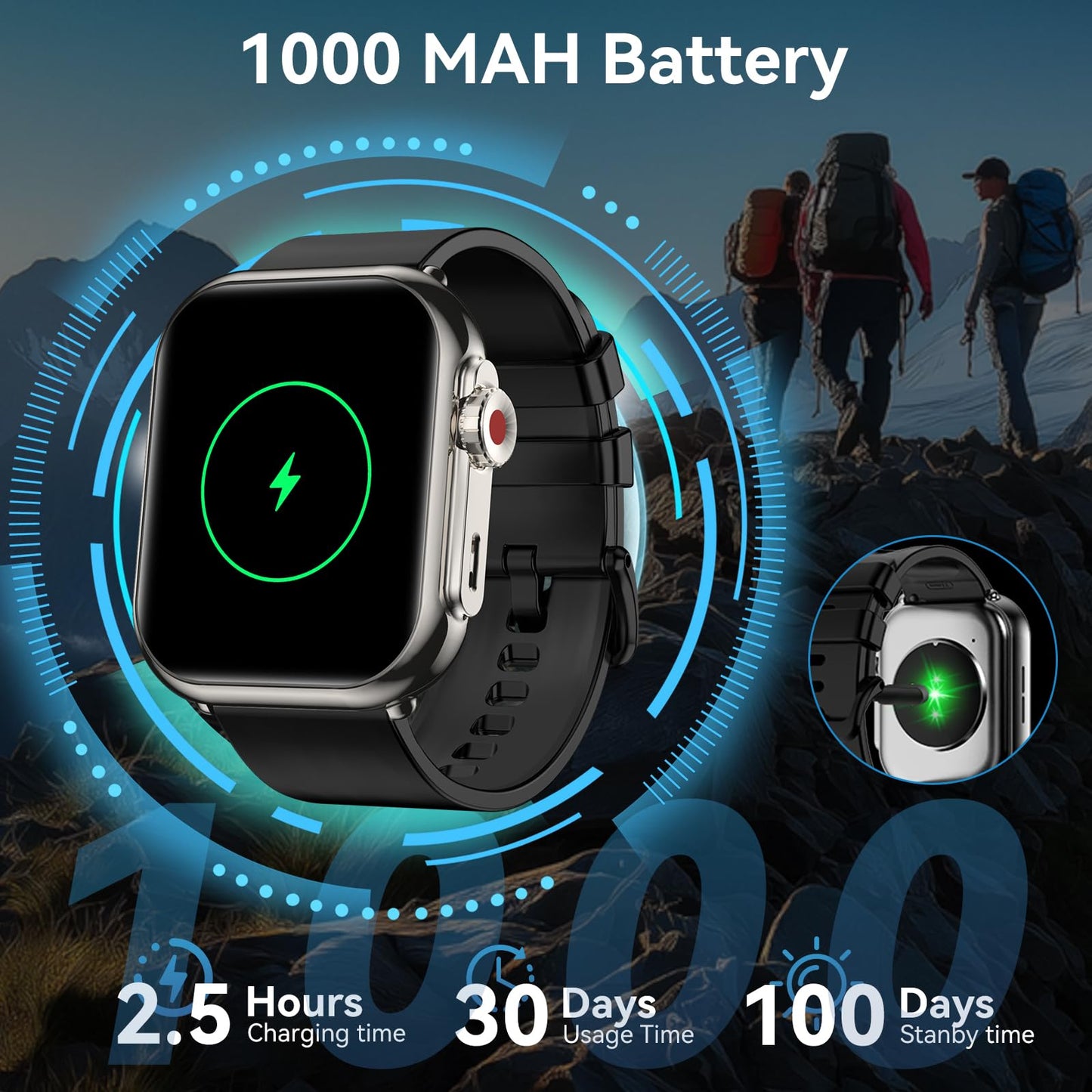 Smart Watch for Men Women, 1000 mAh 100 Day Battery Life, 1.85" Fitness Tracker Bluetooth Call/Make Calls, 110+ Sport Modes, IP68 Waterproof, Heart Rate, 24/7 Sleep Monitor Fitness Watch, iOS/Android