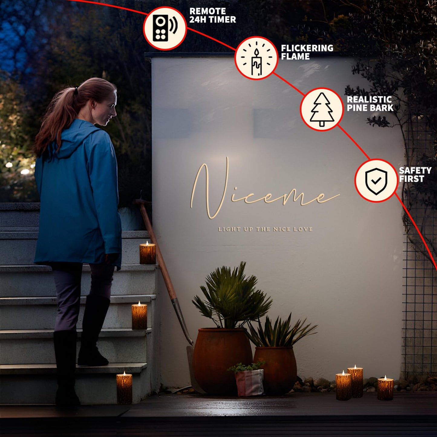 NICEME Rechargeable LED Pine Bark Flameless Candles with Timer Remote USB Cable, Brown Real Wax USB Candles Flickering Fireplace Cabin Decor Electric Fake Battery Pillar Bark Candles, D 3”×H 4”5”6”