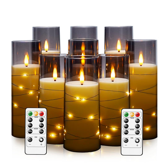 kakoya Flameless LED Candles with Timer 9 Pc Flickering Flameless Candles for Romantic Ambiance and Home Decoration Stable Acrylic Shell,with Embedded Star String，Battery Operated Candles（Grey）