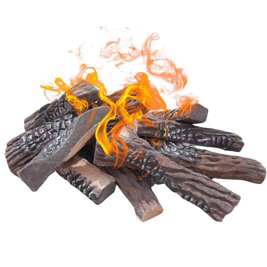 Grandhom Gas Fireplace Logs, 10pcs Large Faux Firepit Set, Decorative Ceramic Firewood for Indoor Outdoor Gas Insets, Vented, Ventless, Electric, Ethanol, Gel Fireplaces, Wood Color, 15inch