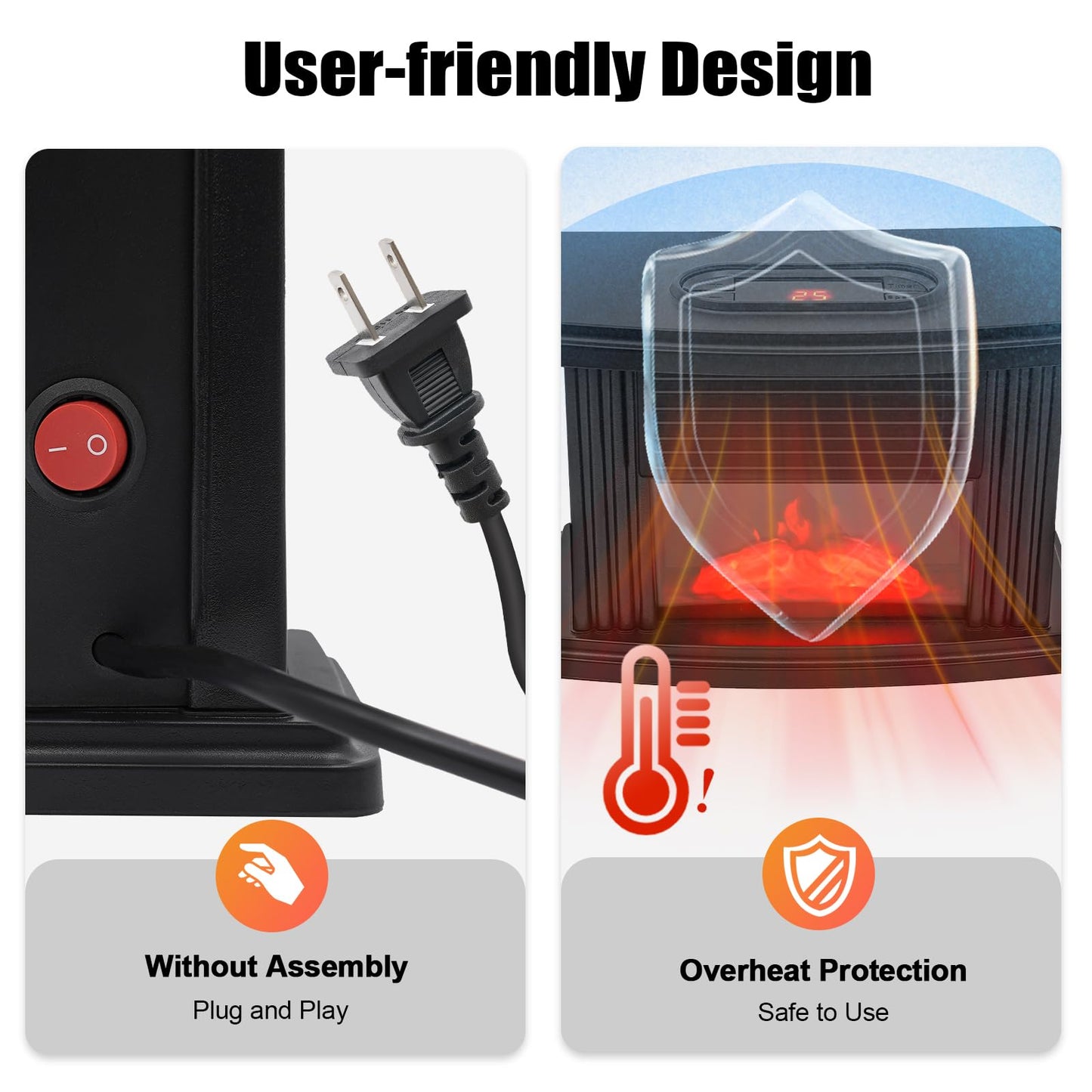 1000W Electric Fireplace, Freestanding Fireplace Stove with 3D Carbon Flame Effect Small Air Heater, Adjust Temperature 59-89.6°F, Overheating Safety Protection