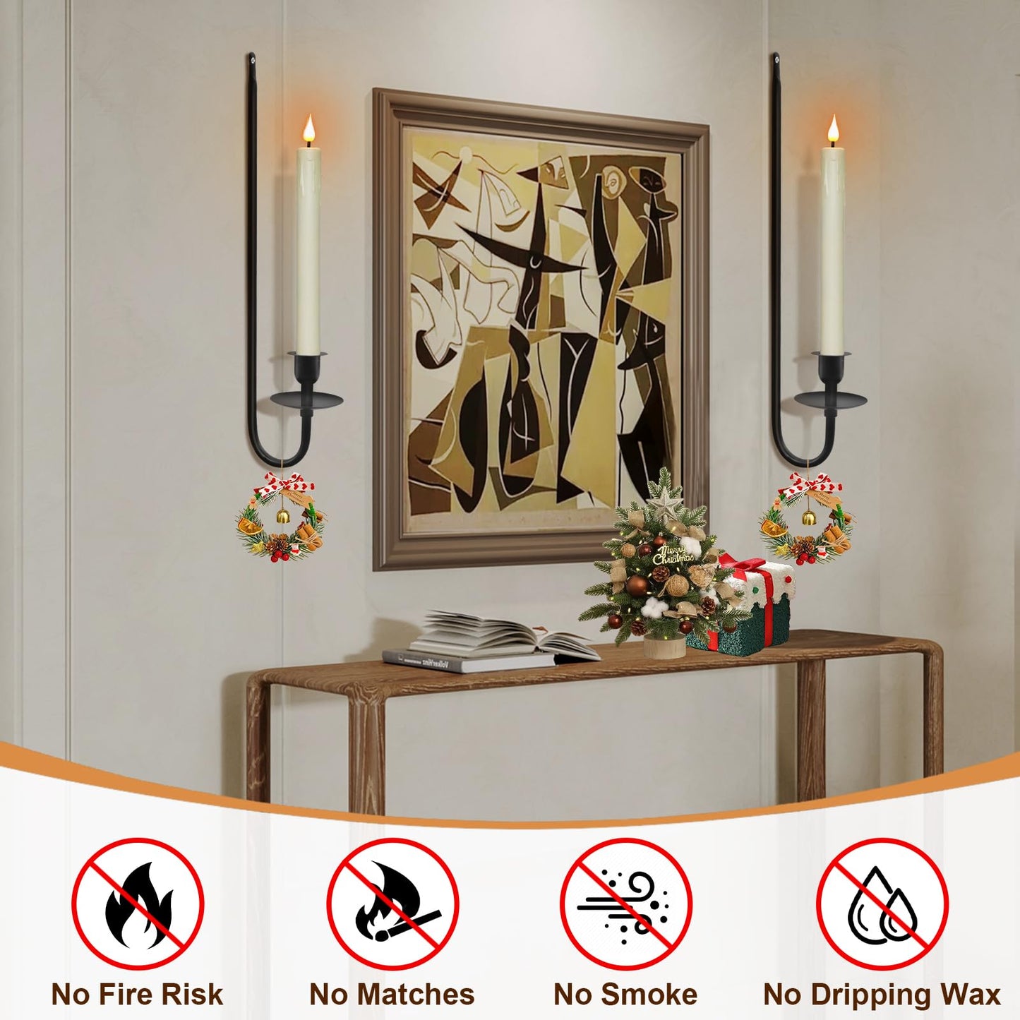 Wall Candle Holder Set of 2 with Flameless Candles Battery Operated and Remote Control, Home Decor Wall Sconces Holder Candle Sticks for Living Room Fireplace Painting (Black)