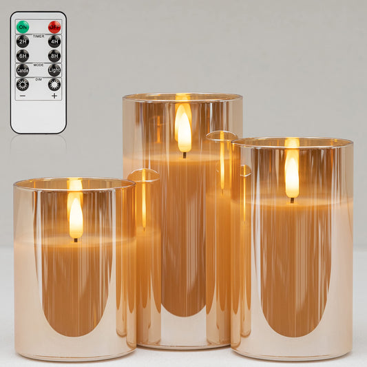 ANGELLOONG Glass Flickering Flameless Candles with Remote, Battery Operated Candles with Timer, Fake LED Pillar Candles for Home Fireplace Mantle Bathroom Decor, Gold