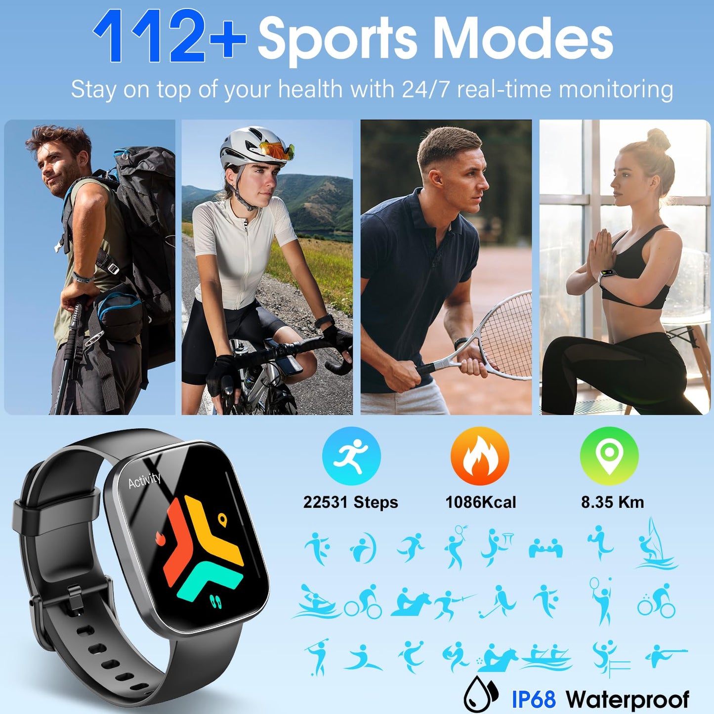 Csasan Smart Watch, 1.91" HD Screen Smartwatch for Men Women(Answer/Make Call), Fitness Watch with Heart Rate/Sleep Monitor/Steps Monitor, 110+ Sports Modes, IP68 Waterproof Activity Trackers, Black