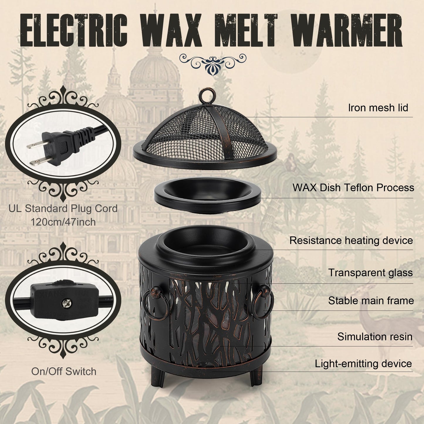 NAFANG Fireplace Wax Warmer,Full Metal Wax Melt Warmer for Scented Wax Melts,Electric Wax Warmer,Candle Wax Burner Fragrance Warmer for Home Office Gifts & Decor(Dustproof Glass)